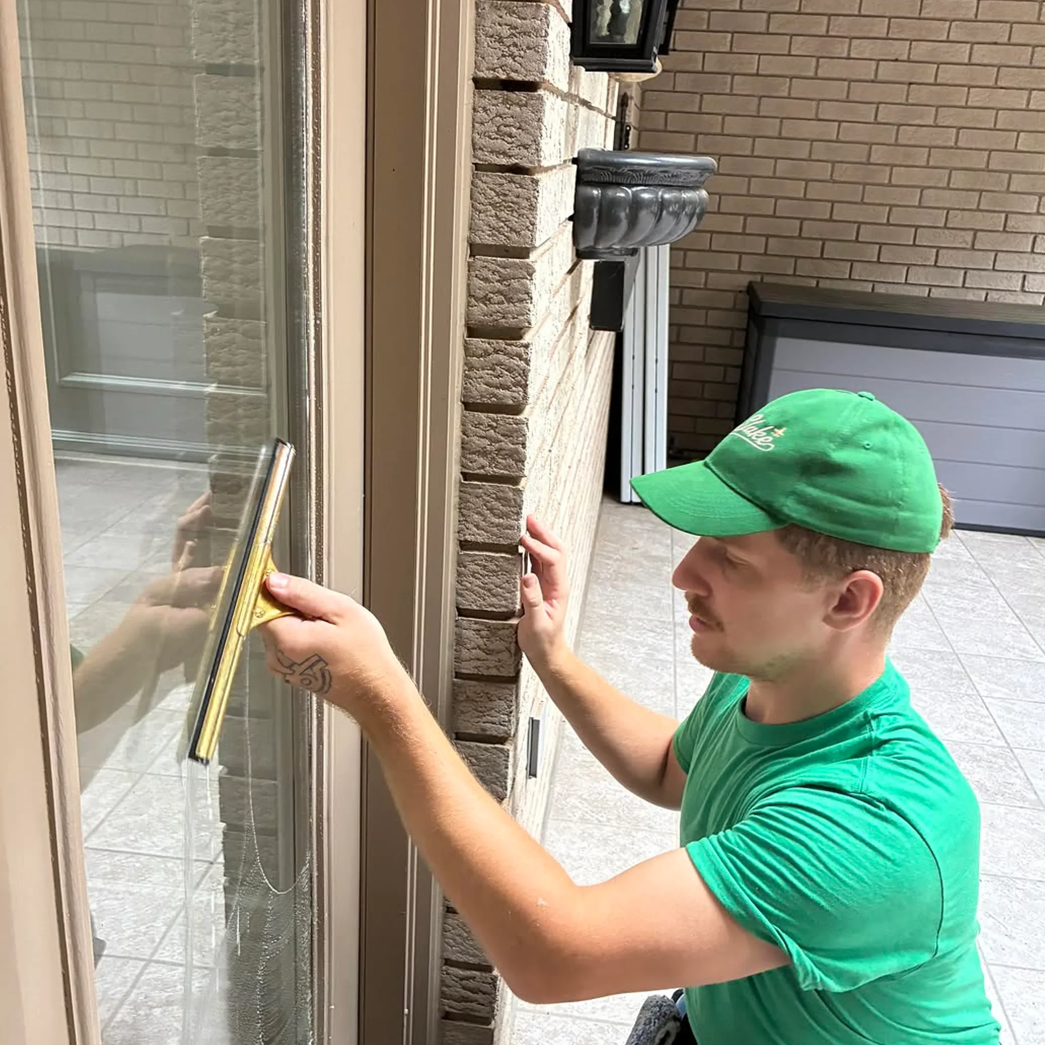 hand cleaning windows with squeegee
