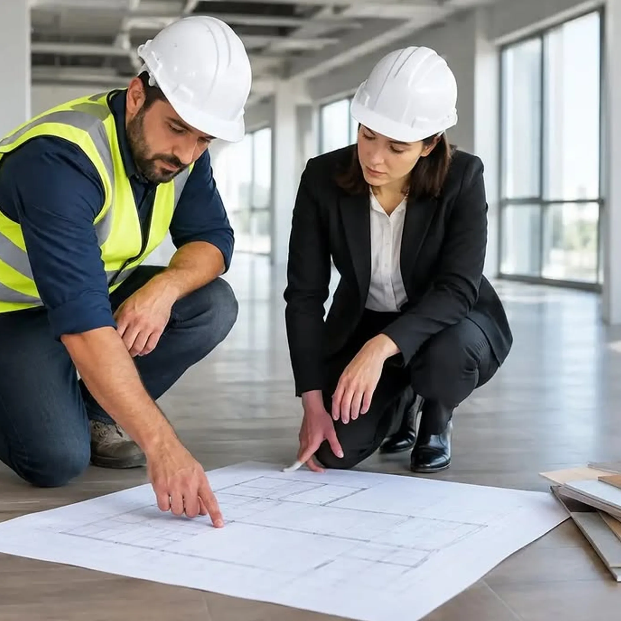 professionals reviewing concrete floor plan